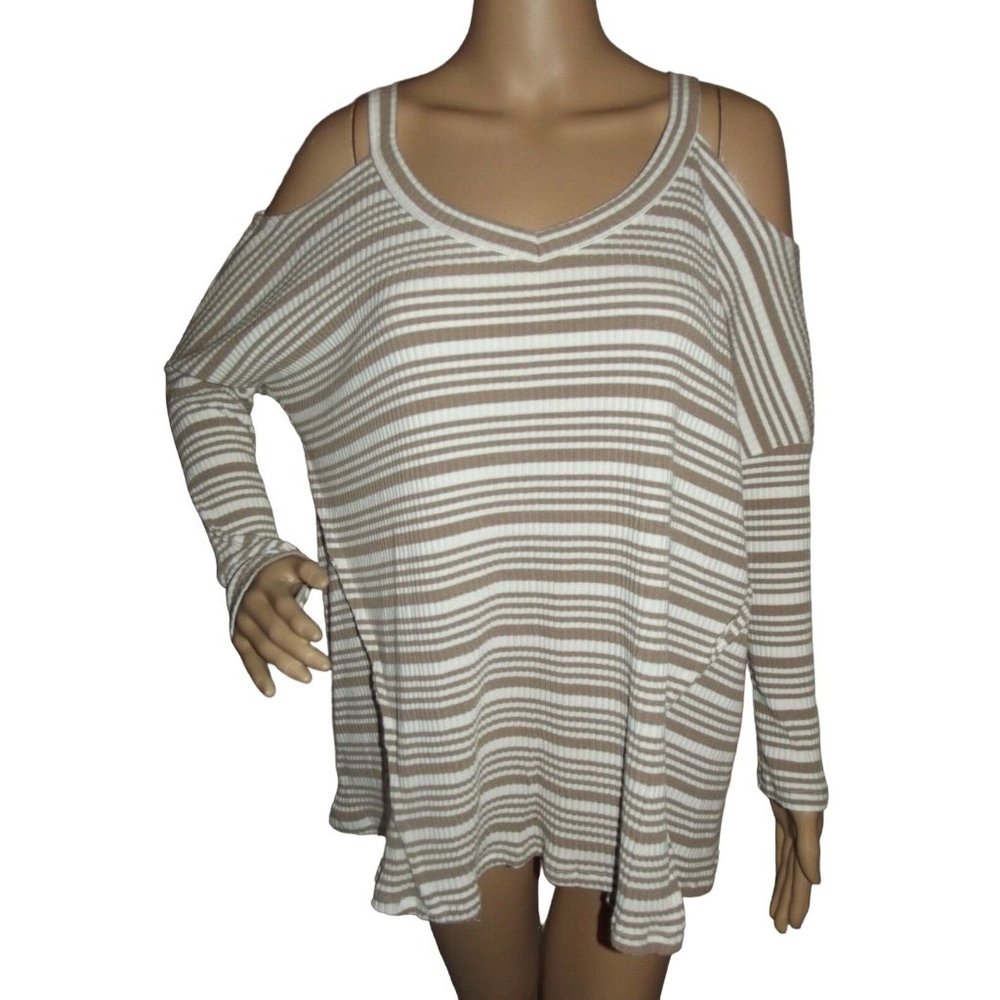 She + Sky Size Small Brown & White Striped Cold Shoulder Ribbed Top shirt roomy